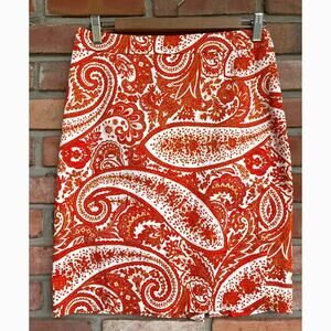 J.Crew Factory, Size 4, Pencil Skirt, Orange, White, Gold Paisley Print, Cotton